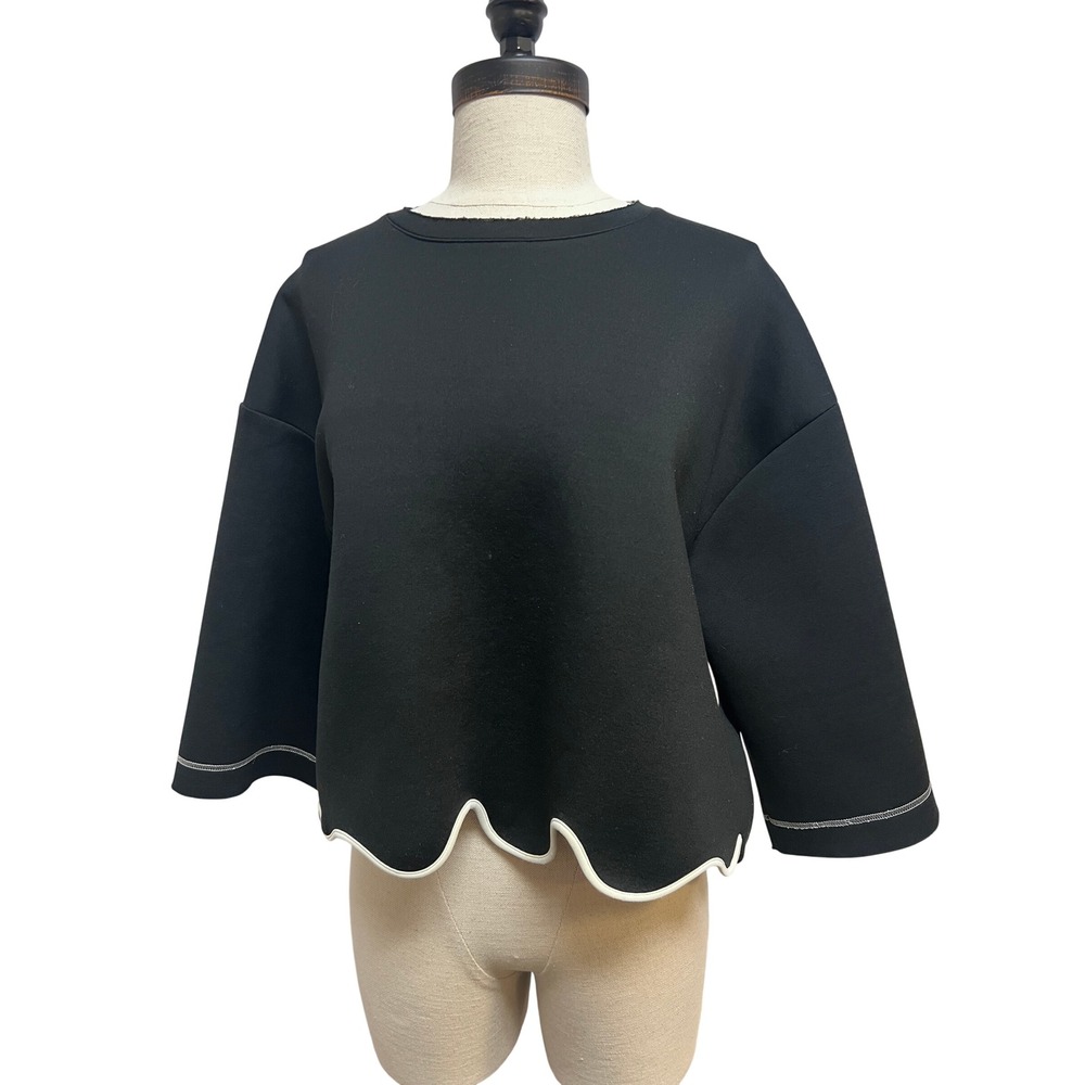 Kenzo Sweatshirt Women L Black Excellent Scallop Hem Neoprene Cropped Pullover